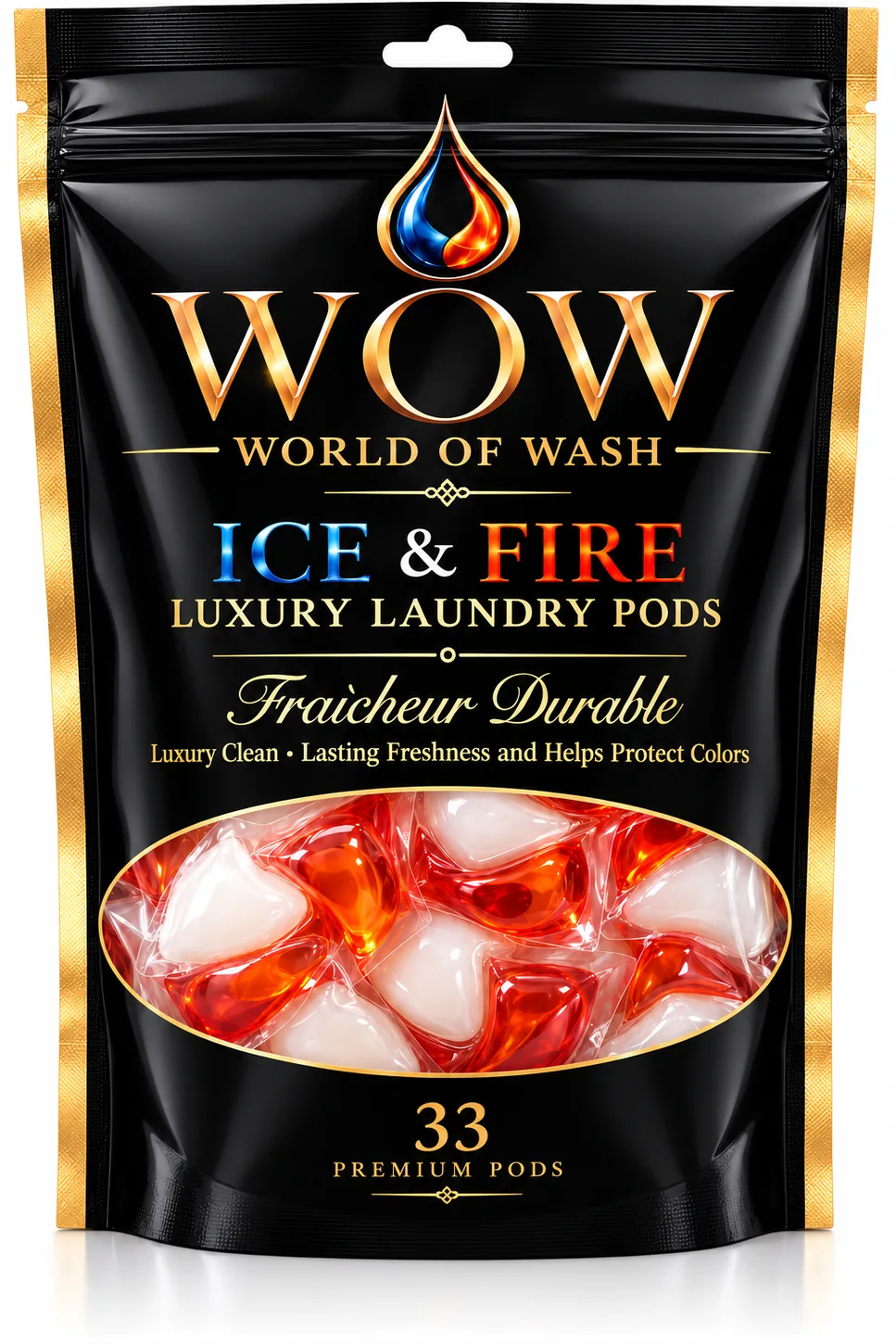 Front of WOW Ice and Fire laundry pods pouch